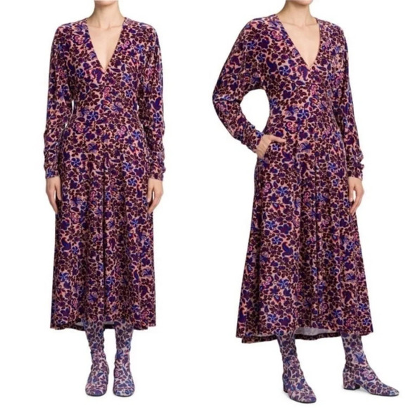 NWT La DoubleJ Small Kenny Dress Ortica Floral Velvet Stretch Midi V Neck Flaw - Picture 1 of 14